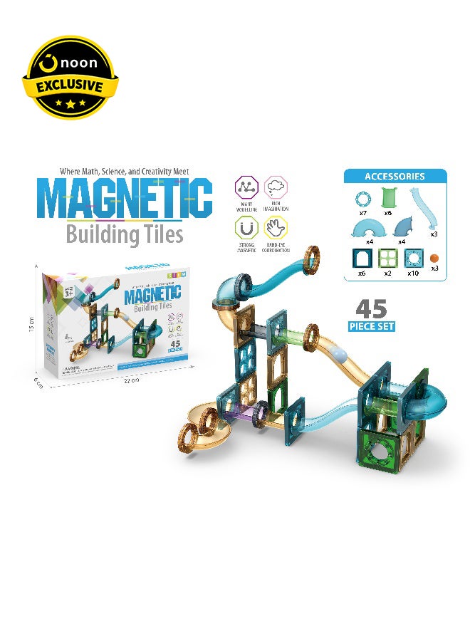 Magni Mates Magnetic Building Tiles Marble Track Set 45 Pieces – DIY Magnetic Blocks with Curved Slides, Tunnel Tubes and Ball Run System for Creative STEM Construction Play - Image 1